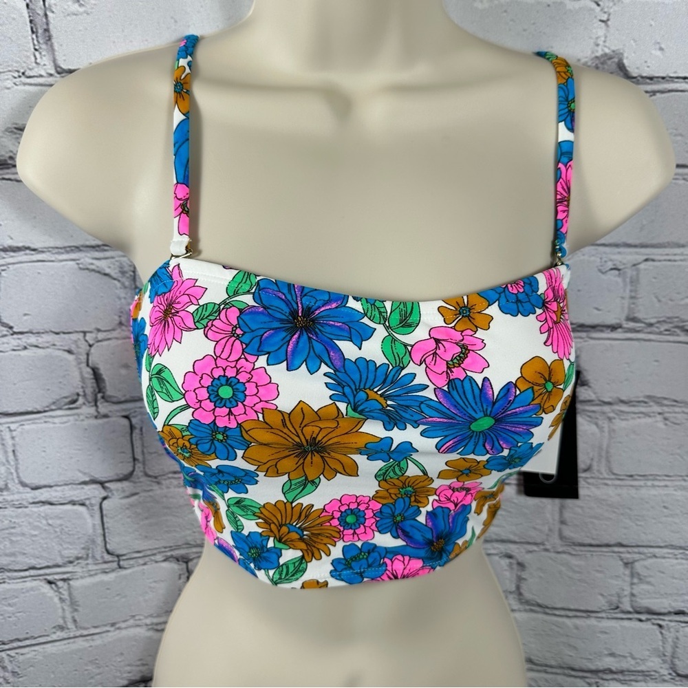 California Waves Juniors’ Wall Paper Floral Long-Line Bandeau Swim Top Neon NWT